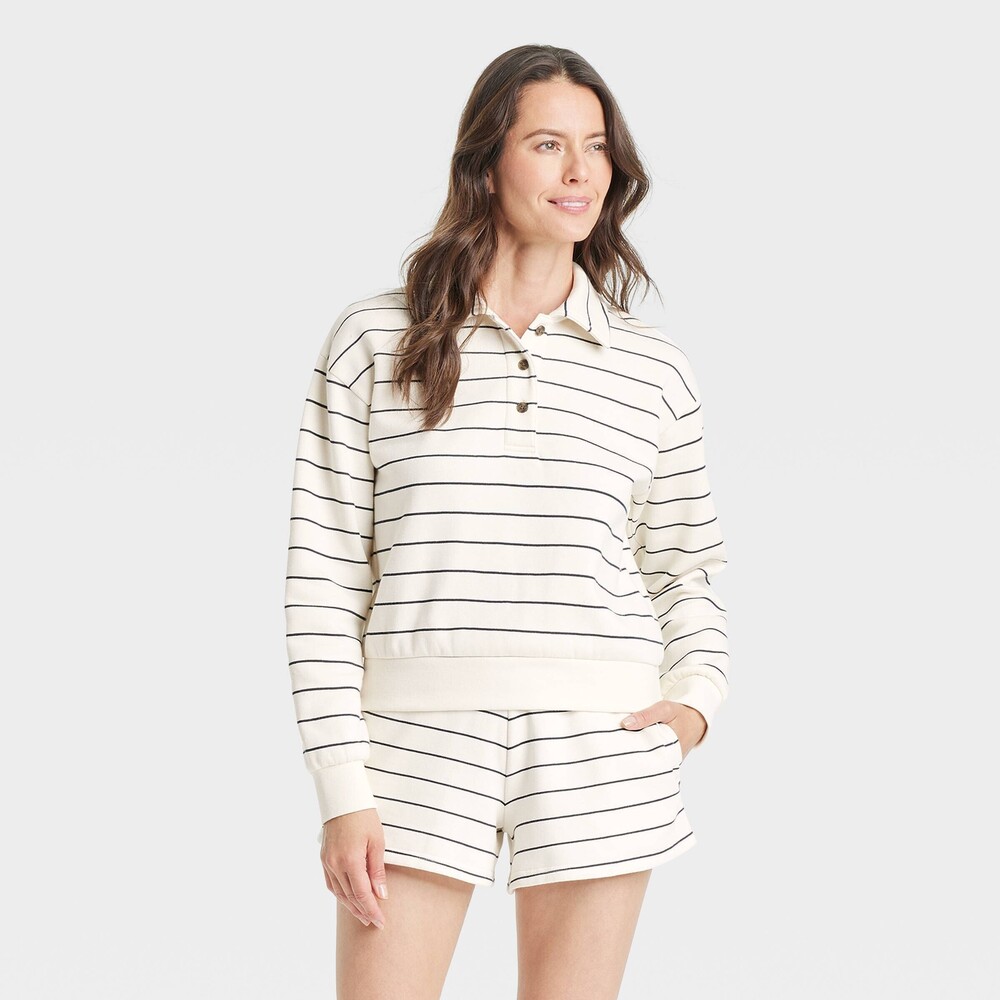 Long Sleeve black and white Fleece Polo Shirt - Cream Striped M